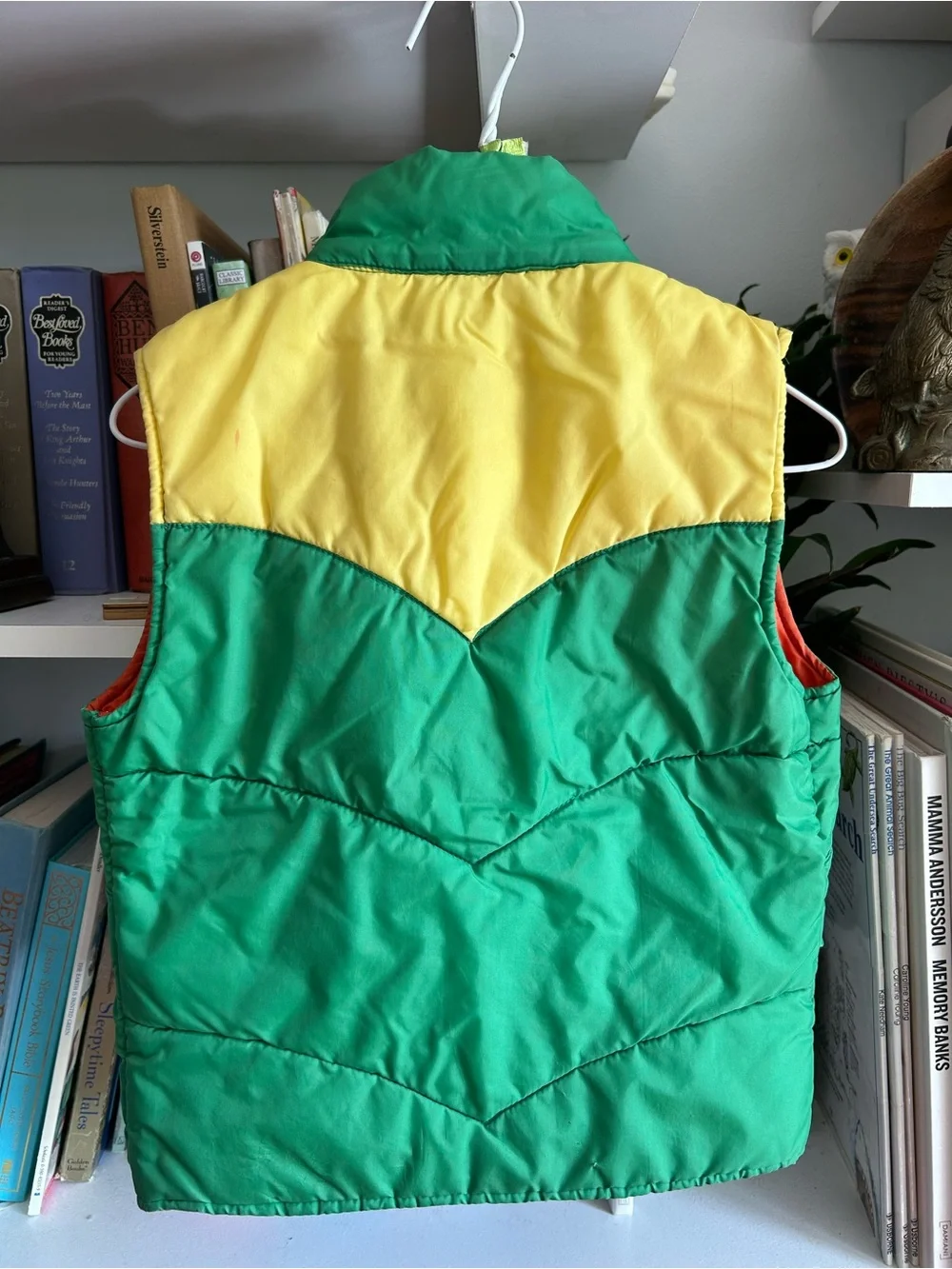 Vintage Green & Yellow Kids Puffer Vest with Red Accent